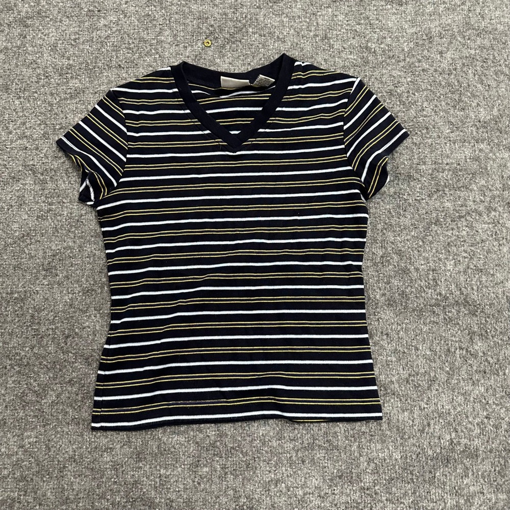 Energie T-Shirt Womens Size L Navy Blue Striped V-Neck Short Sleeve Casual Top